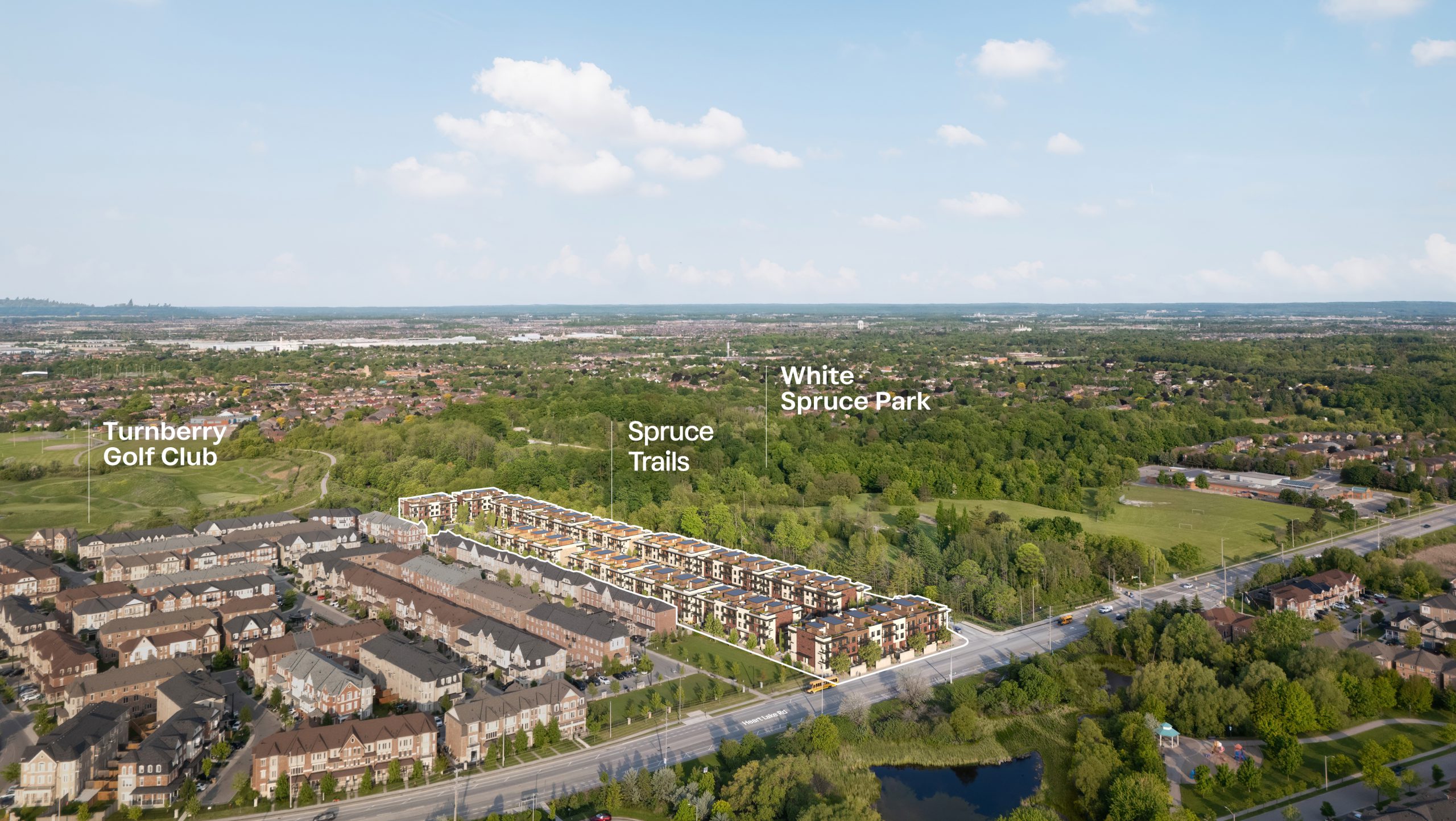 Aerial drone view of Spruce Trails townhomes site in North Brampton