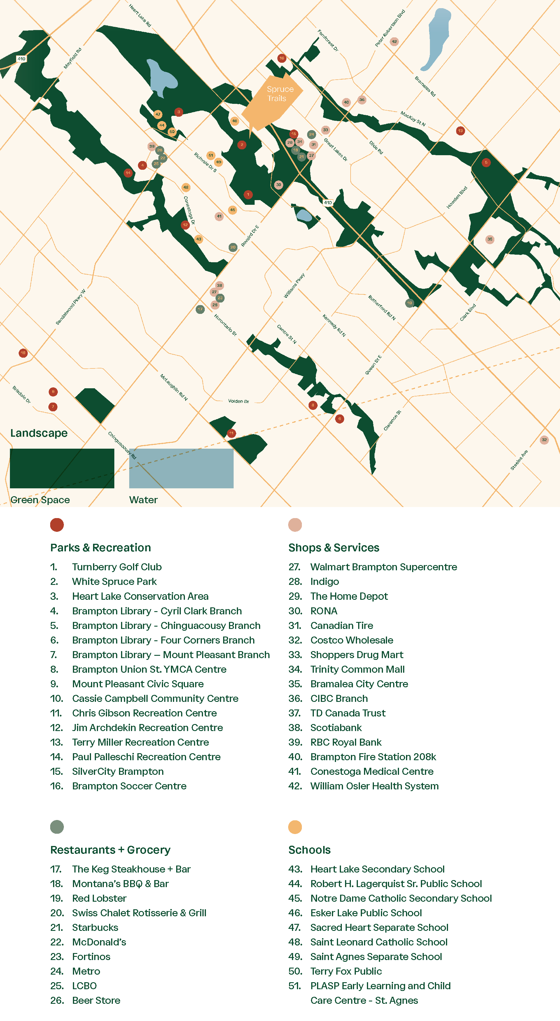 Neighbourhood amenities map showing parks, schools, retail, and Highway 410 around Spruce Trails